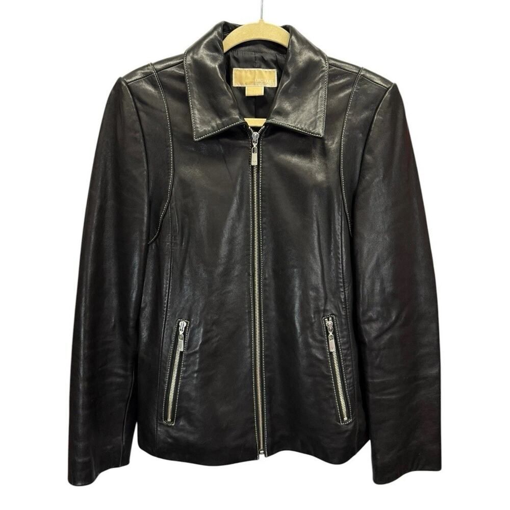 Michael Kors Black Leather Zip Jacket Women’s Medium Moto Minimalist Jacket